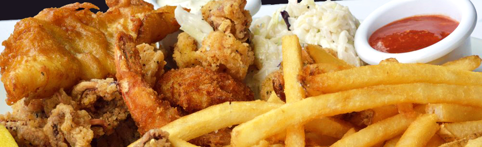 Matte gouache painting of a catering platter with fried seafood, golden fries, creamy coleslaw and a red dipping sauce, warm golden and red tones, hearty mood