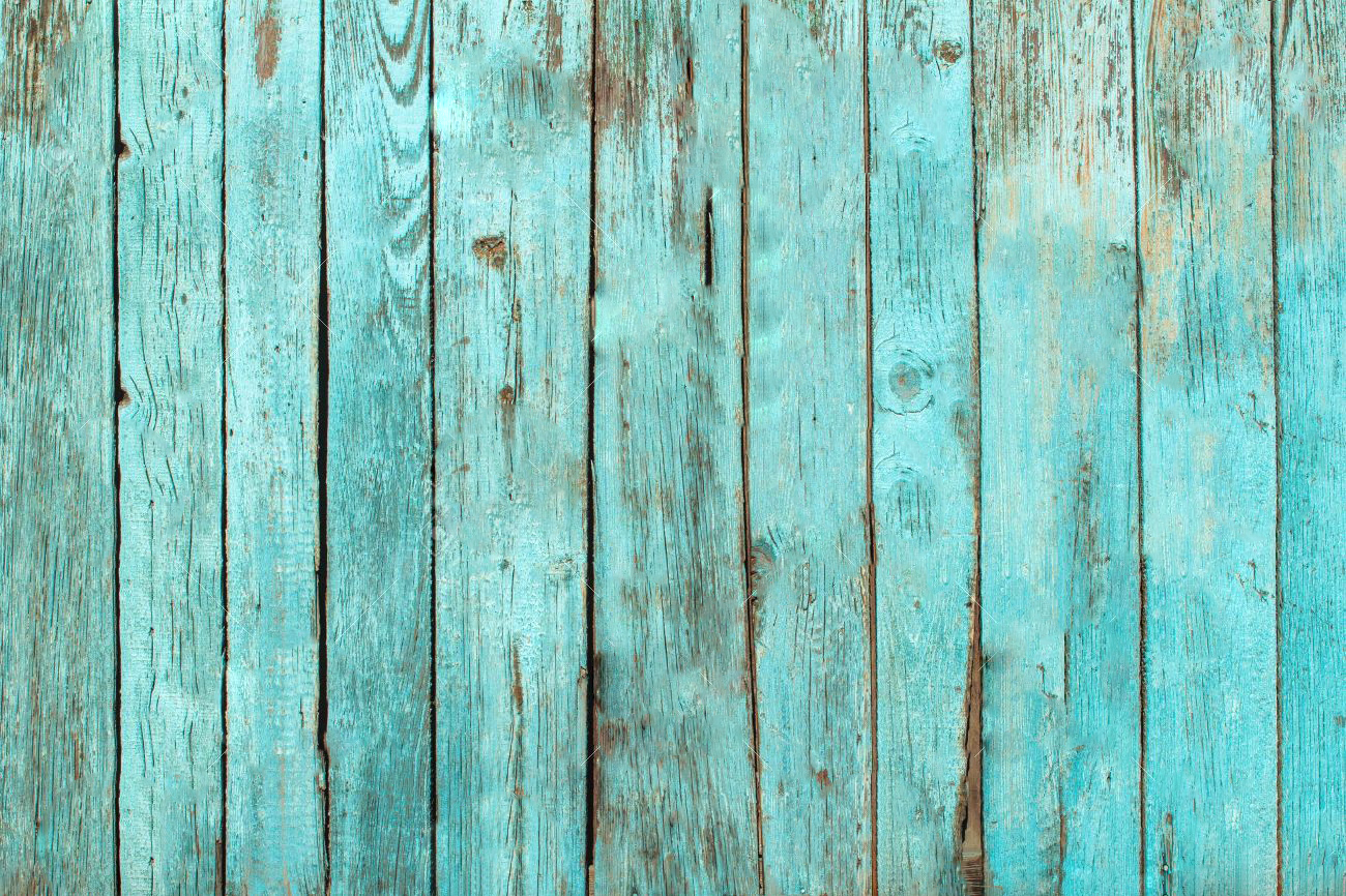Close-up gouache painting of a weathered wooden plank fence painted teal, rustic texture, calm coastal mood.